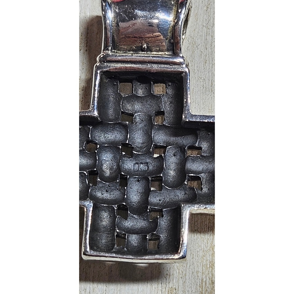 925 Sterling Silver Basket Weave Cross Pendant Chunky Woven Statement Charm - Picture 2 of 3